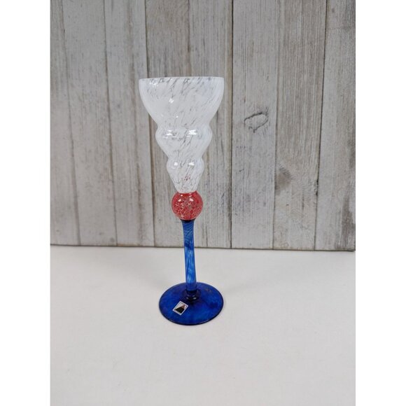Czech Republic Wine Drinking Goblet Glass 7 7/8" Tall Blue Cobalt Stem Red White - Picture 1 of 8